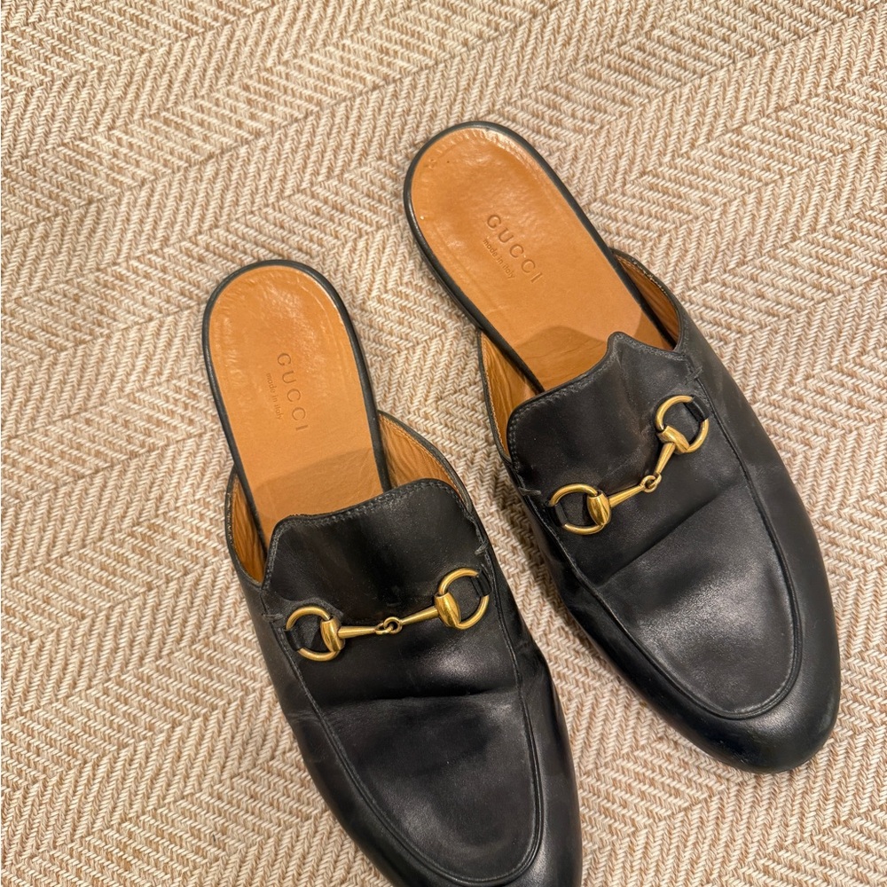 Gucci Black Leather Mules with Gold Detail - Picture 8 of 12